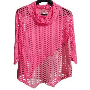Lulu-B Tunic Women L Pink Cowl Neck Burnout Laser Cut Asymmetrical Button Accent
